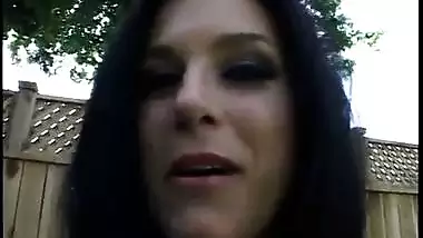 Brunette slut India Summer enjoys giving BJ and getting fucked in backyard from POV