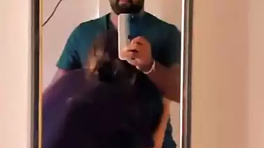 Hot wife boob sucking by husband in front of mirror